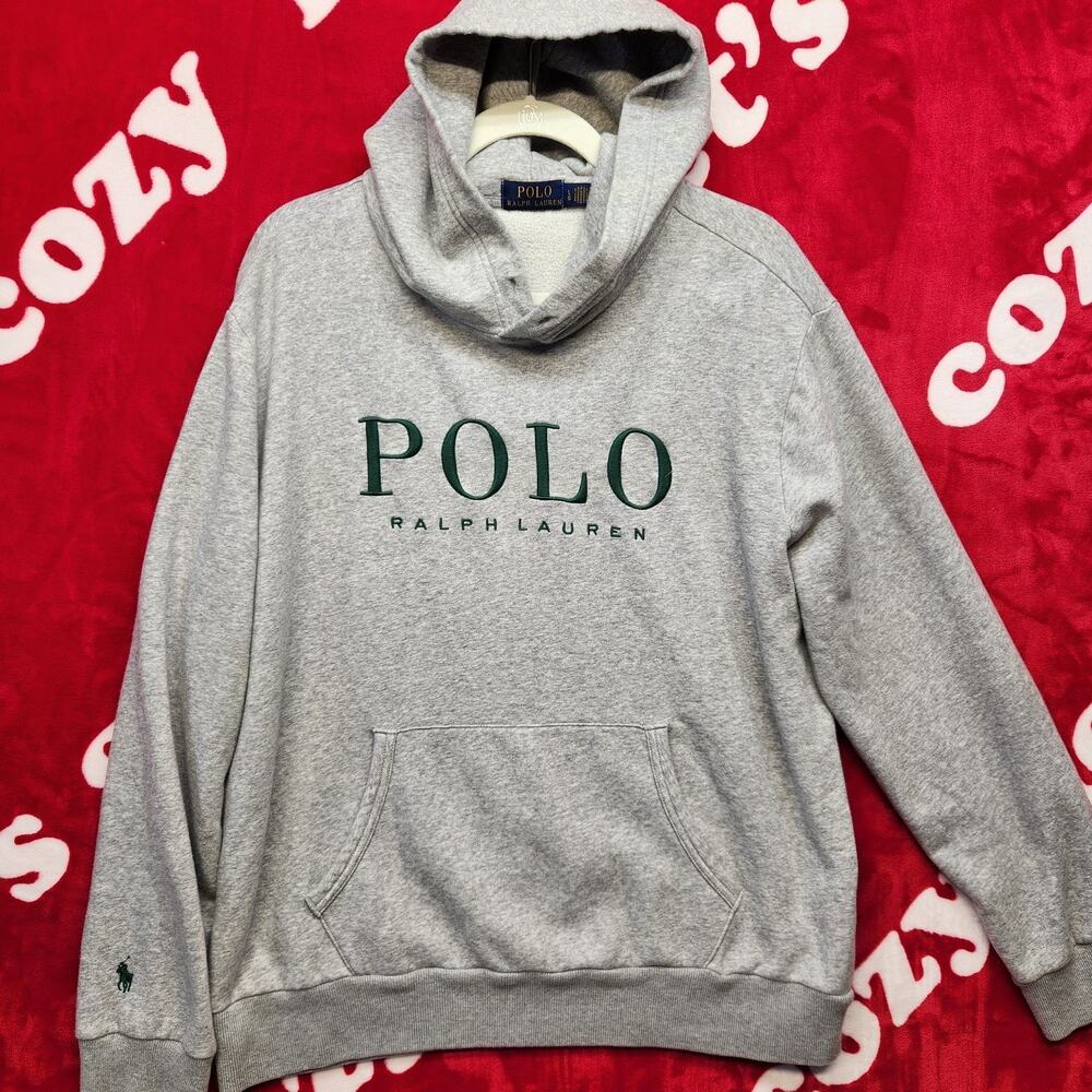 Polo Ralph Lauren Hoodie Mens Large Gray Embroidered Logo Pullover Sweatshirt